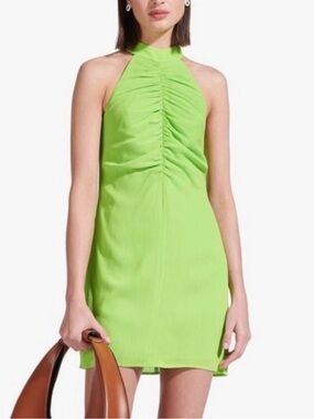STAUD Lime Green Halter Ruched coastal georgette mini dress